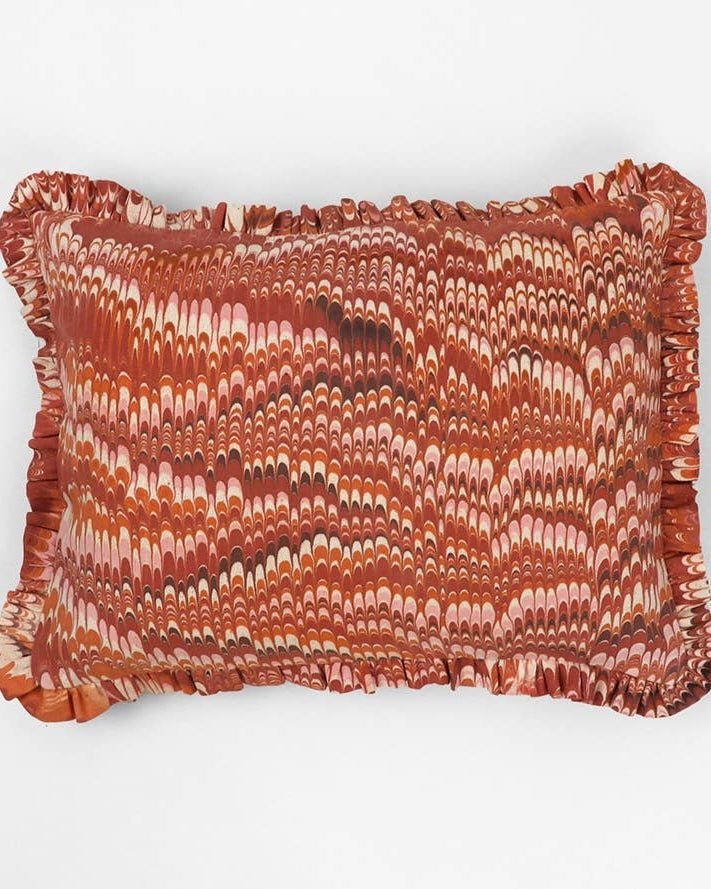Block Printed Linen Ruffle Cushion Cover | Marbled Red