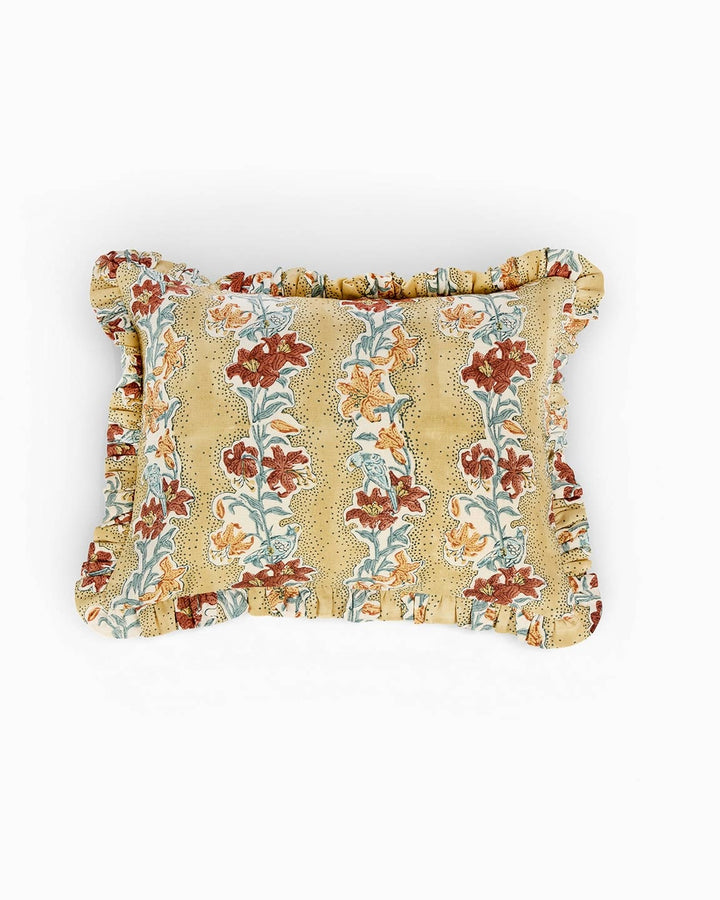 Block Printed Linen Ruffle Cushion Cover | Mustard