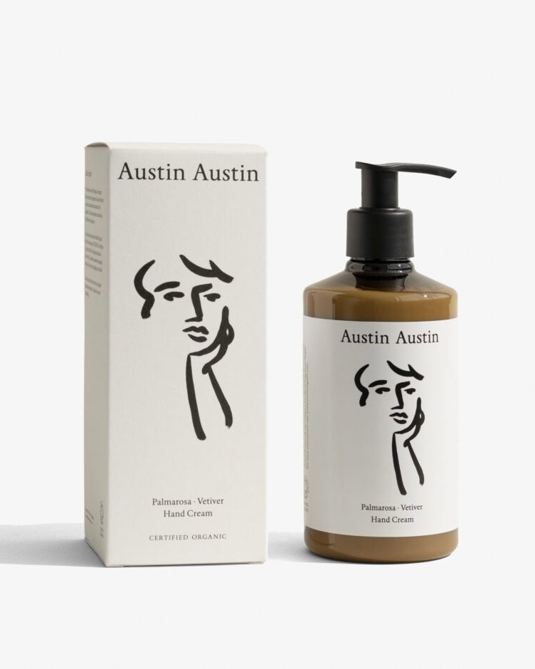 Austin Austin hand cream bottle and packaging on a white background