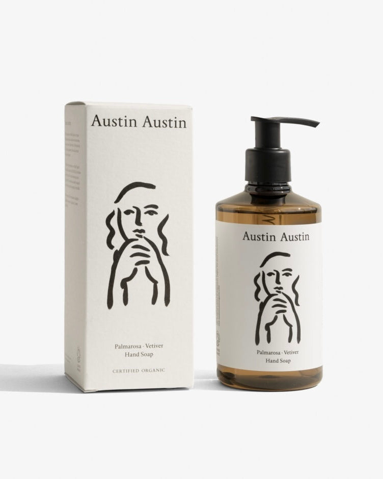 Austin Austin hand soap bottle and packaging on a white background