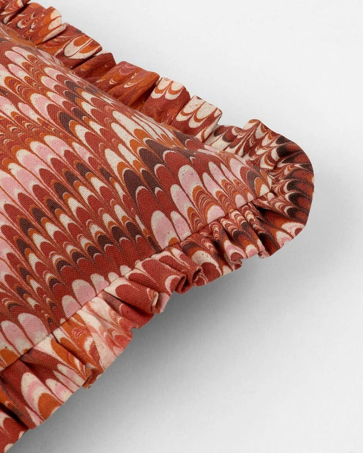 Block Printed Linen Ruffle Cushion Cover | Marbled Red