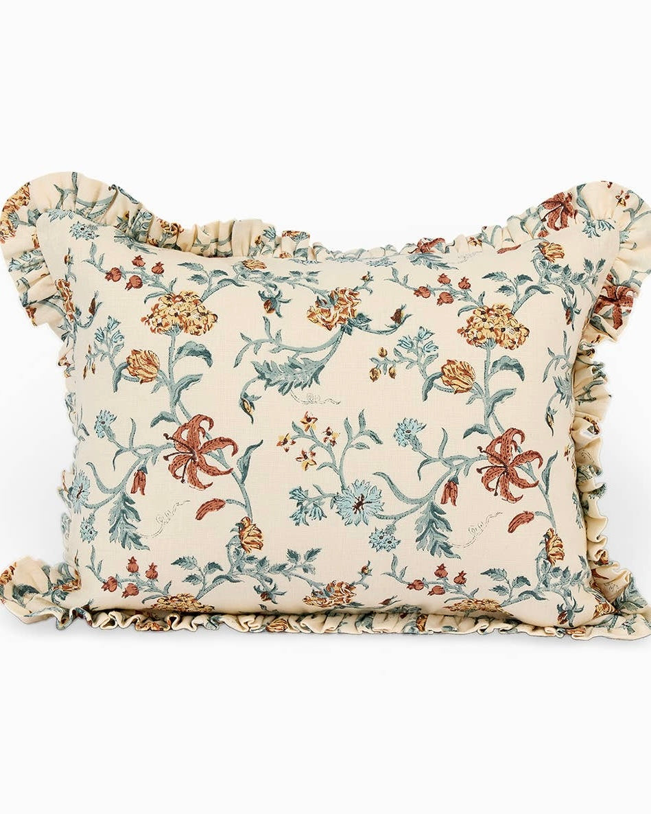 Block Printed Linen Ruffle Cushion Cover | Ecru Floral