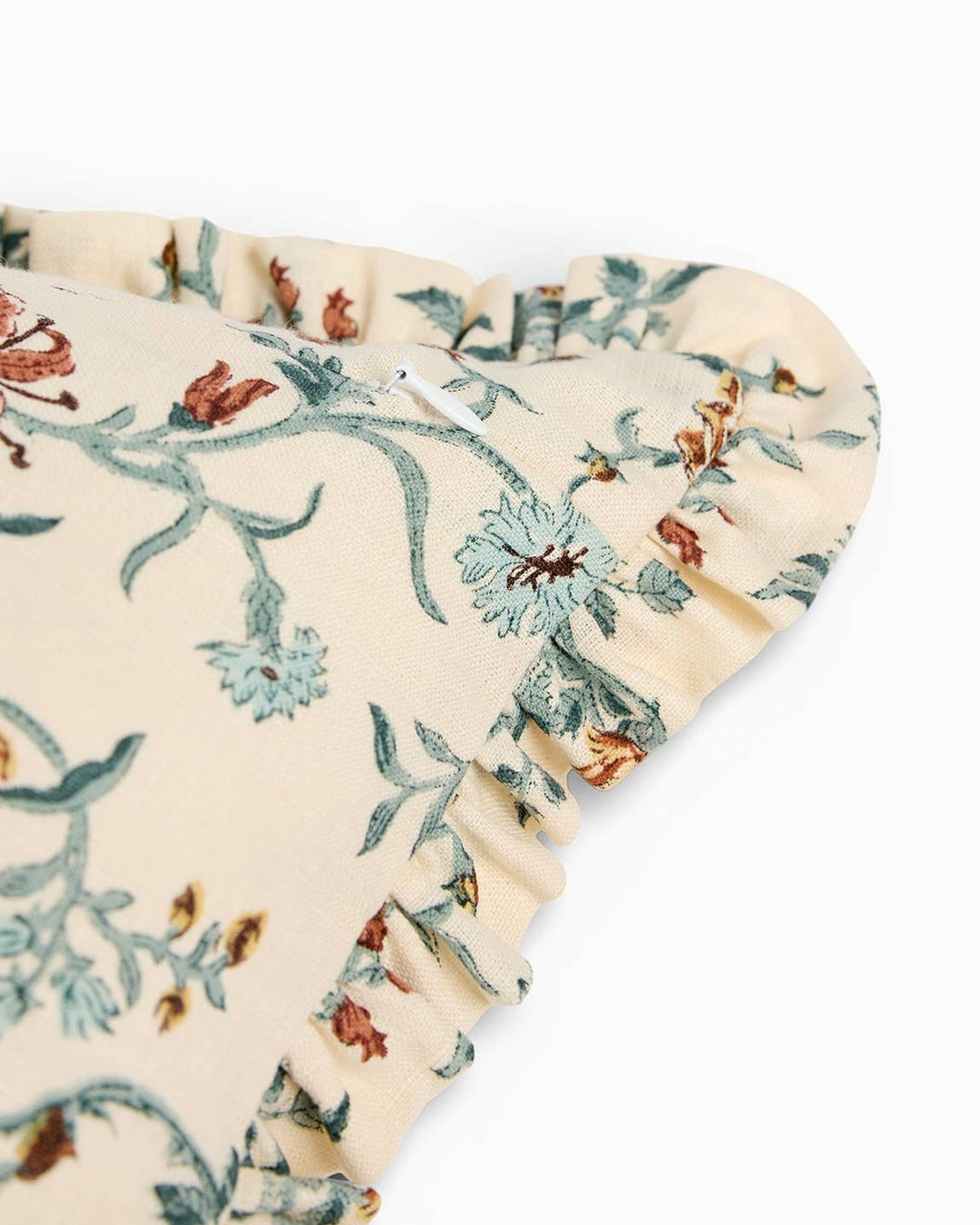Block Printed Linen Ruffle Cushion Cover | Ecru Floral