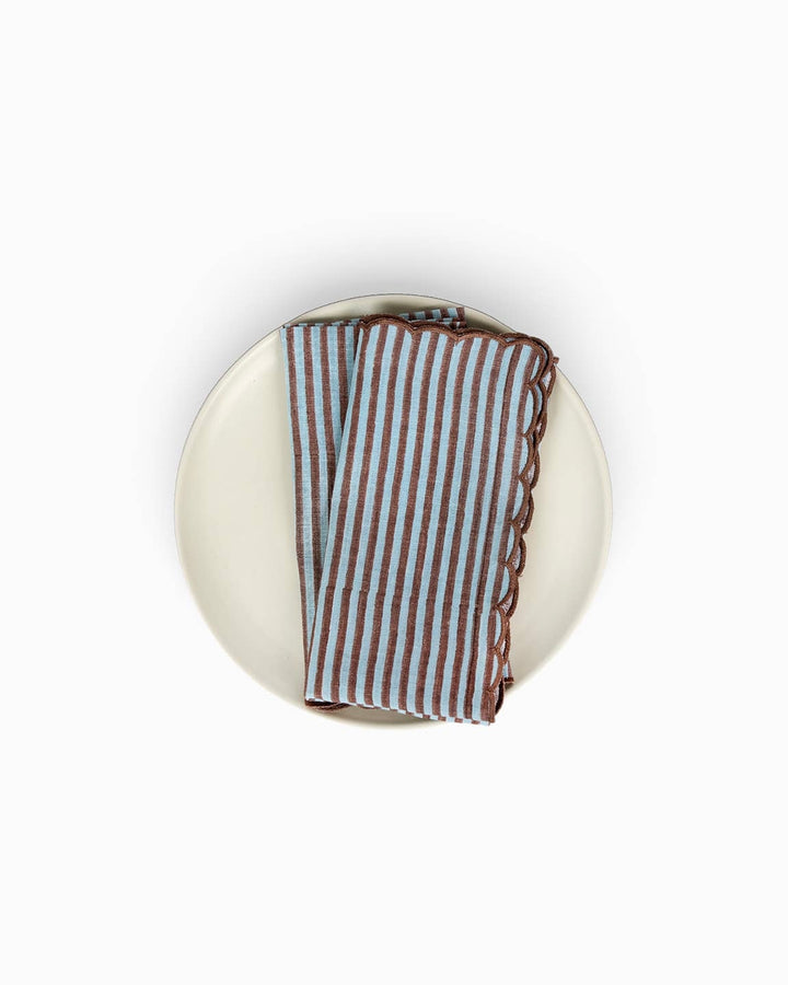 Block Printed Embroidered Scalloped Napkin | Set of 2 | Sky Brown