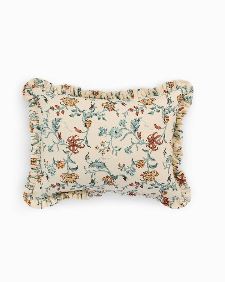 Block Printed Linen Ruffle Cushion Cover | Ecru Floral