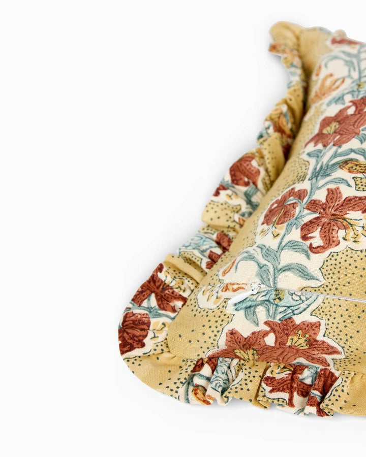 Block Printed Linen Ruffle Cushion Cover | Mustard