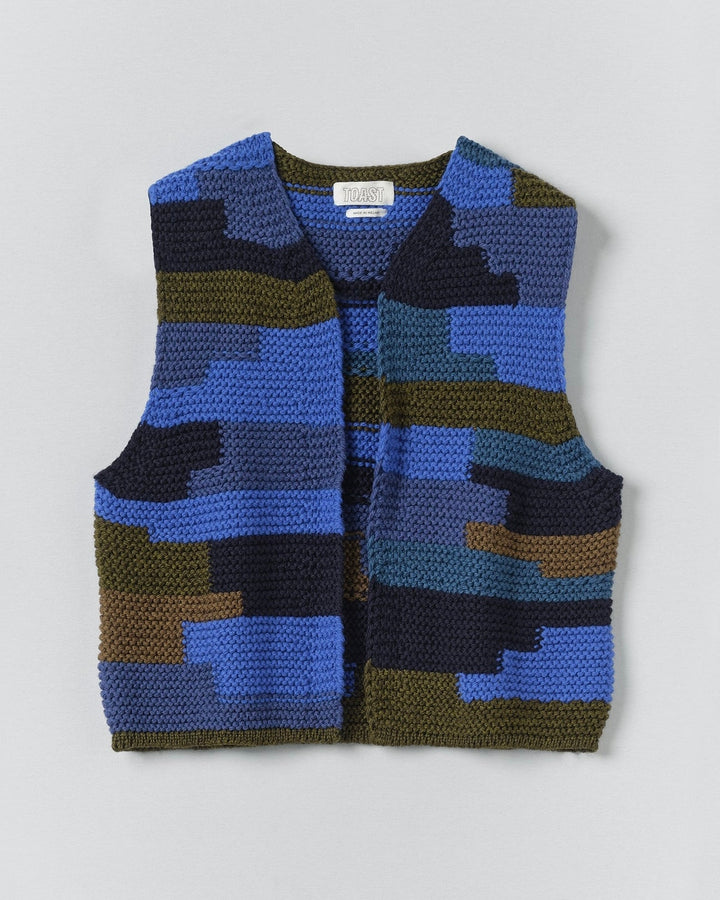 Toast | Patchwork Knitted Wool Gilet | Blue Multi
